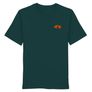 Dark green organic T-shirt with orange boar graphic, eco-friendly hunting apparel for nature lovers
