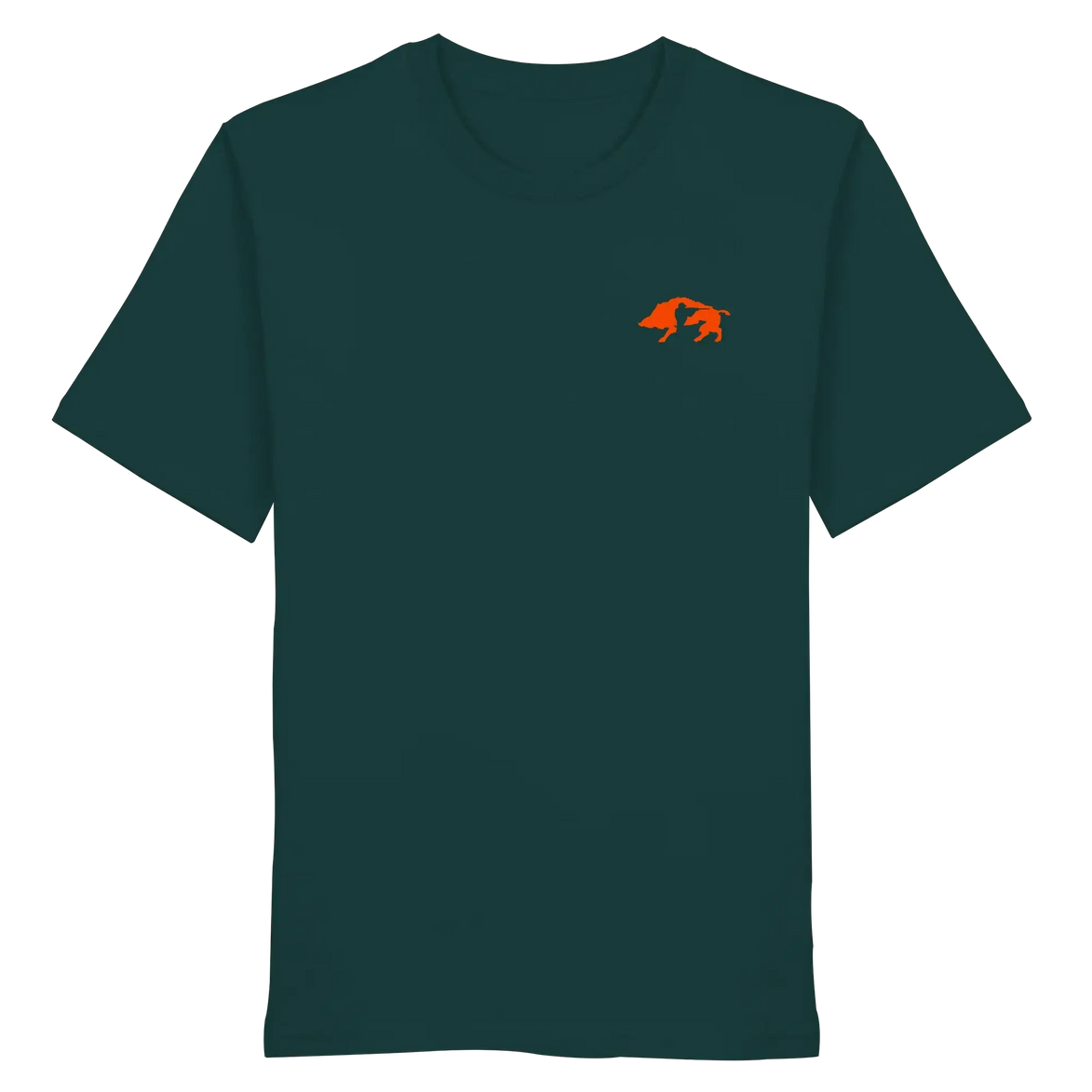 Dark green organic T-shirt with orange boar graphic, eco-friendly hunting apparel for nature lovers