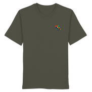 Olive green organic T-shirt with colorful moose graphic, perfect for nature lovers and outdoor adventures.