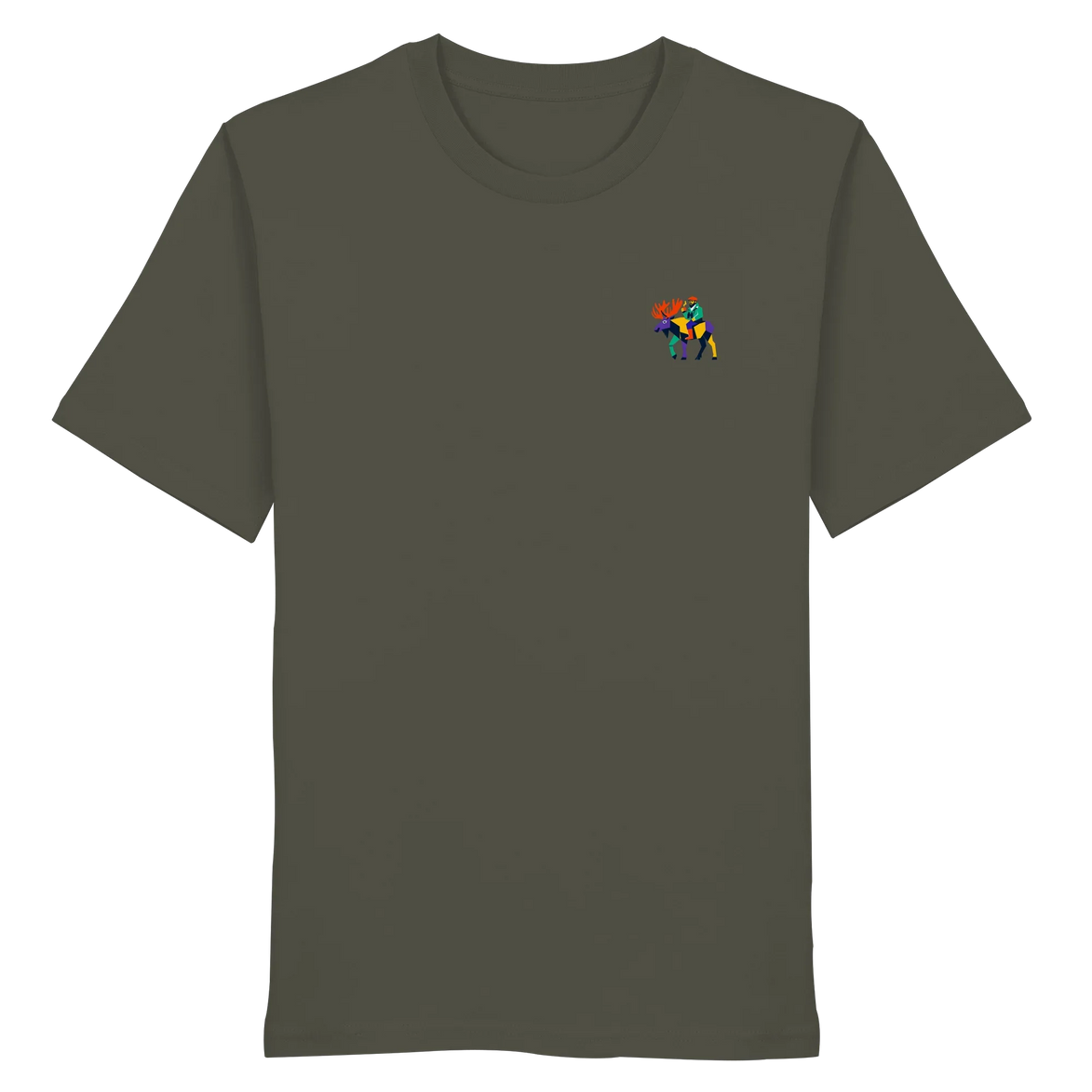 Olive green organic T-shirt with colorful moose graphic, perfect for nature lovers and outdoor adventures.