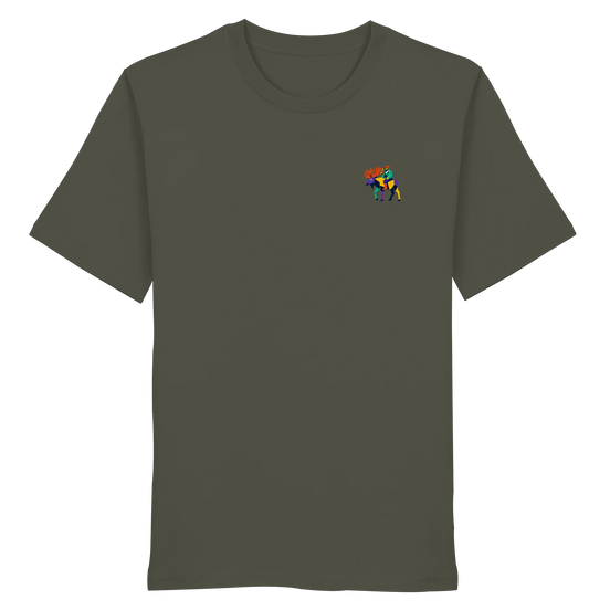 James Hunter Moose Commute organic unisex T-shirt in khaki from the Minimalist Collection, front view, soft fabric and minimalist design.