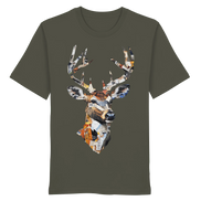 Olive green T-shirt with collage deer head print, eco-friendly hunting apparel for nature lovers