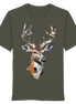 Olive green T-shirt with collage deer head print, eco-friendly hunting apparel for nature lovers