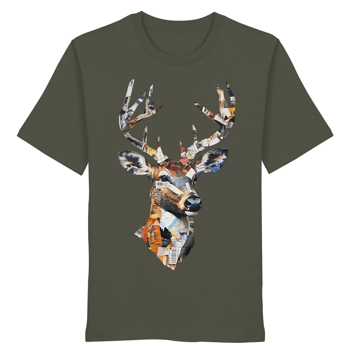 Olive green T-shirt with collage deer head print, eco-friendly hunting apparel for nature lovers