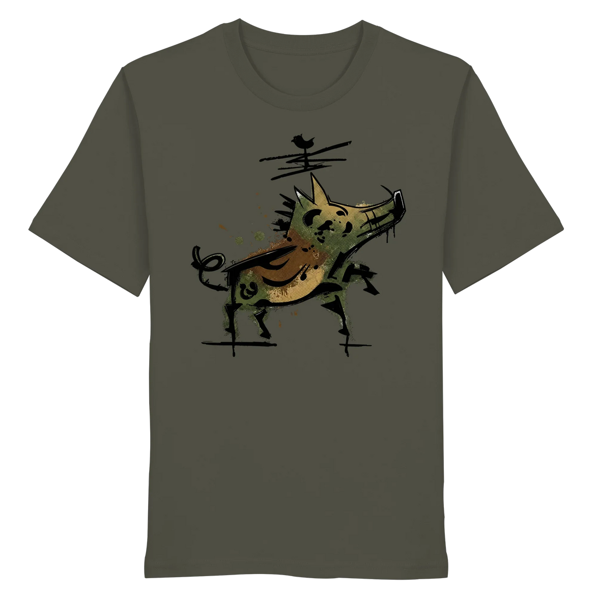 Olive green T-shirt with artistic wild boar graphic, eco-friendly outdoor apparel for nature lovers