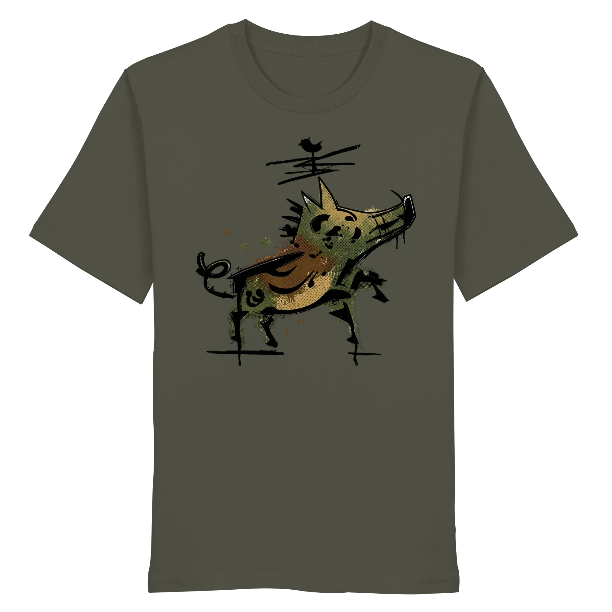 Olive green T-shirt with artistic wild boar graphic, eco-friendly outdoor apparel for nature lovers