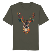 Olive green T-shirt with colorful deer head graphic, eco-friendly hunting apparel for nature lovers