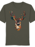 Olive green T-shirt with colorful deer head graphic, eco-friendly hunting apparel for nature lovers