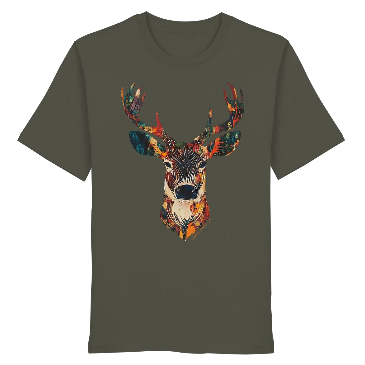 Olive green T-shirt with colorful deer head graphic, eco-friendly hunting apparel for nature lovers