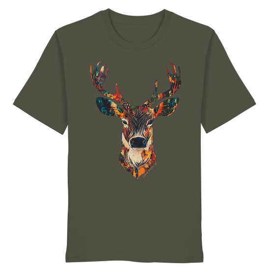 Unisex Autumn Crown organic T-shirt in khaki color featuring a nature-inspired art design by James Hunter.