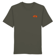 Olive green organic T-shirt with orange boar graphic, ideal for hunters and nature lovers.