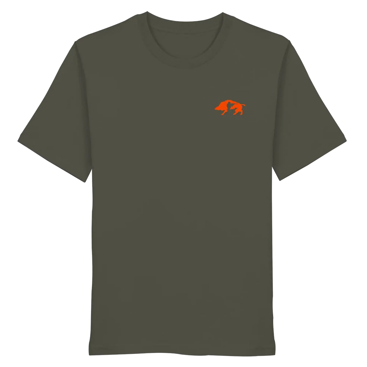 Olive green organic T-shirt with orange boar graphic, ideal for hunters and nature lovers.