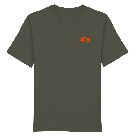 Unisex khaki organic T-shirt featuring a boar, hunter, and dog silhouette design by James Hunter, Nature and Beyond.