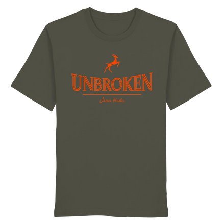 Front view of James Hunter's Unbroken Leaping Deer organic unisex T-shirt in khaki fabric.