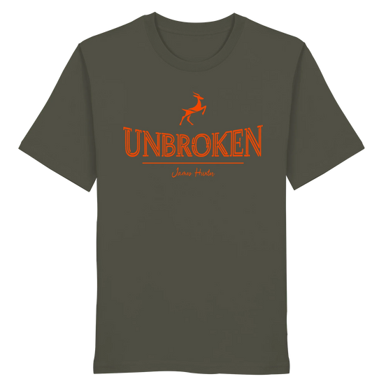 Front view of James Hunter's Unbroken Leaping Deer organic unisex T-shirt in khaki fabric.