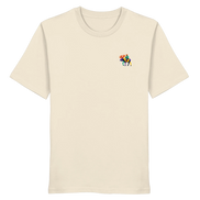 Cream organic T-shirt with colorful moose rider graphic, eco-friendly outdoor apparel for nature lovers