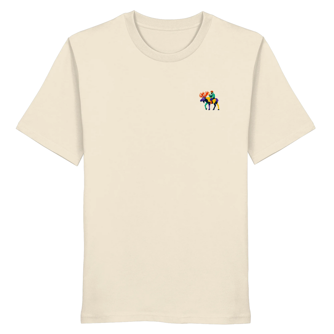 Cream organic T-shirt with colorful moose rider graphic, eco-friendly outdoor apparel for nature lovers