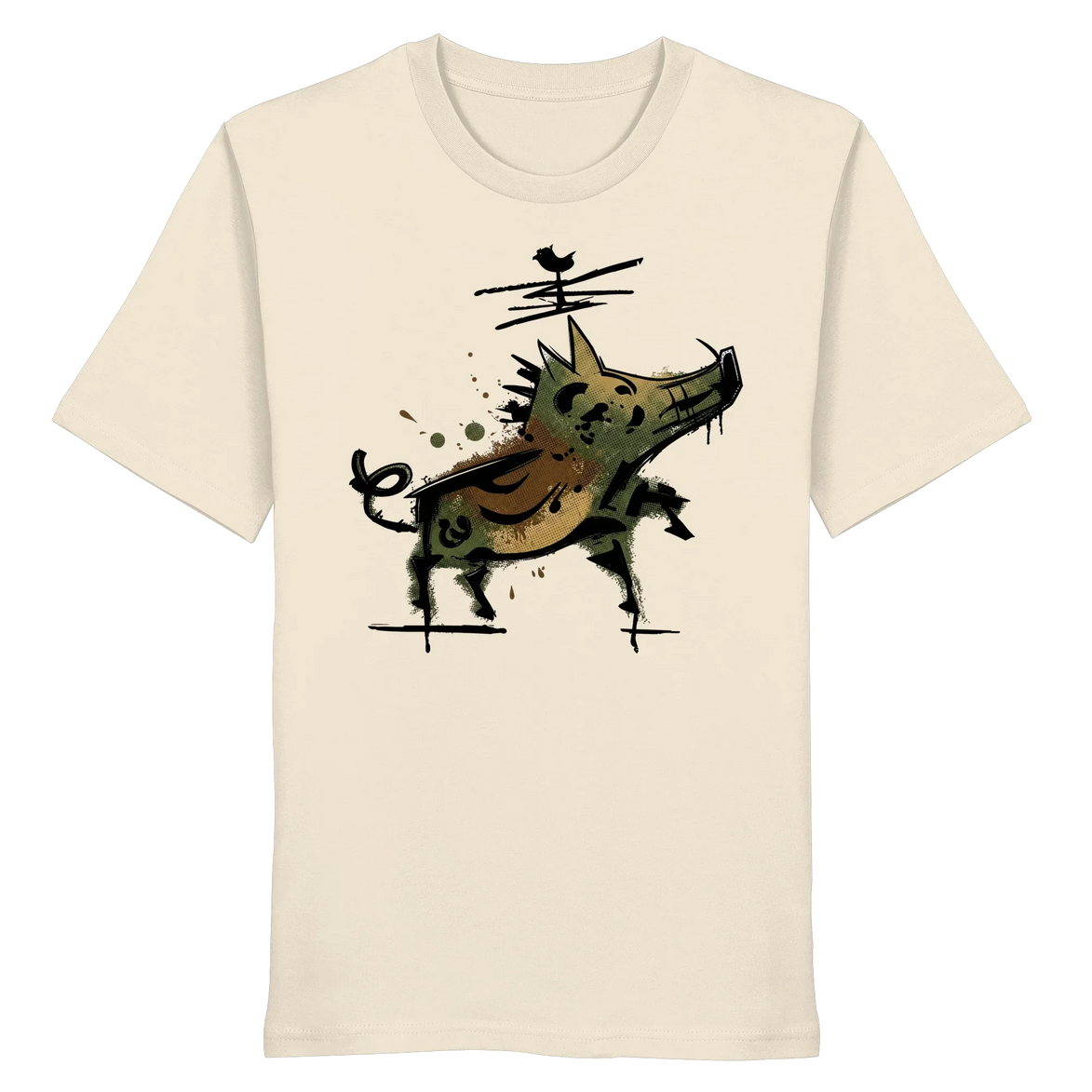 Organic T-shirt with artistic wild boar graphic, perfect for nature lovers and outdoor adventures.