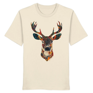 Cream organic T-shirt with colorful deer head graphic for nature lovers and outdoor enthusiasts