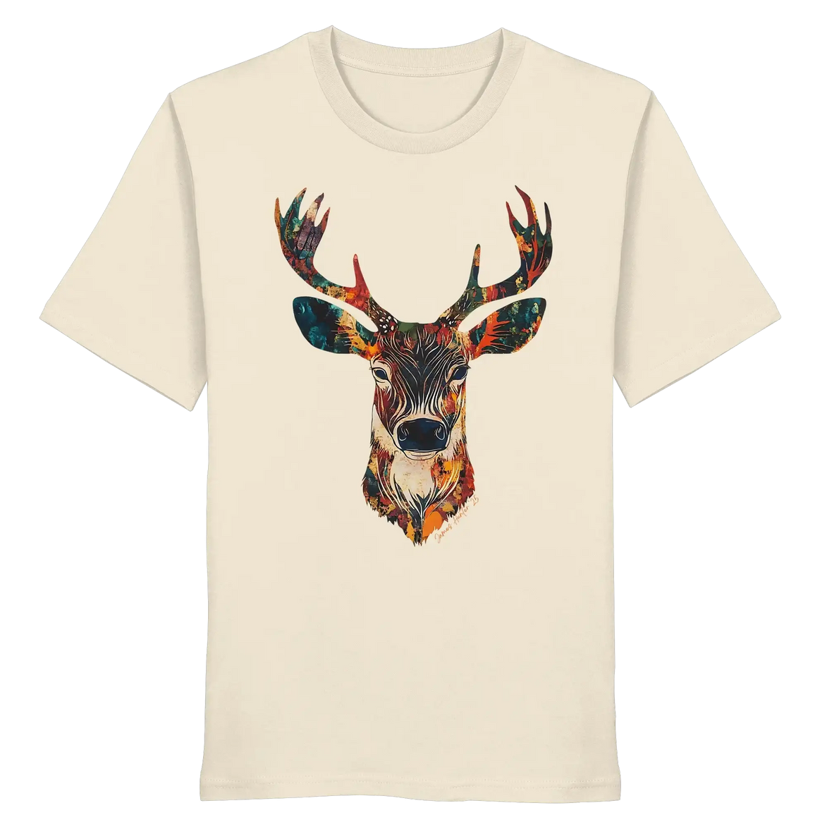 Cream organic T-shirt with colorful deer head graphic for nature lovers and outdoor enthusiasts