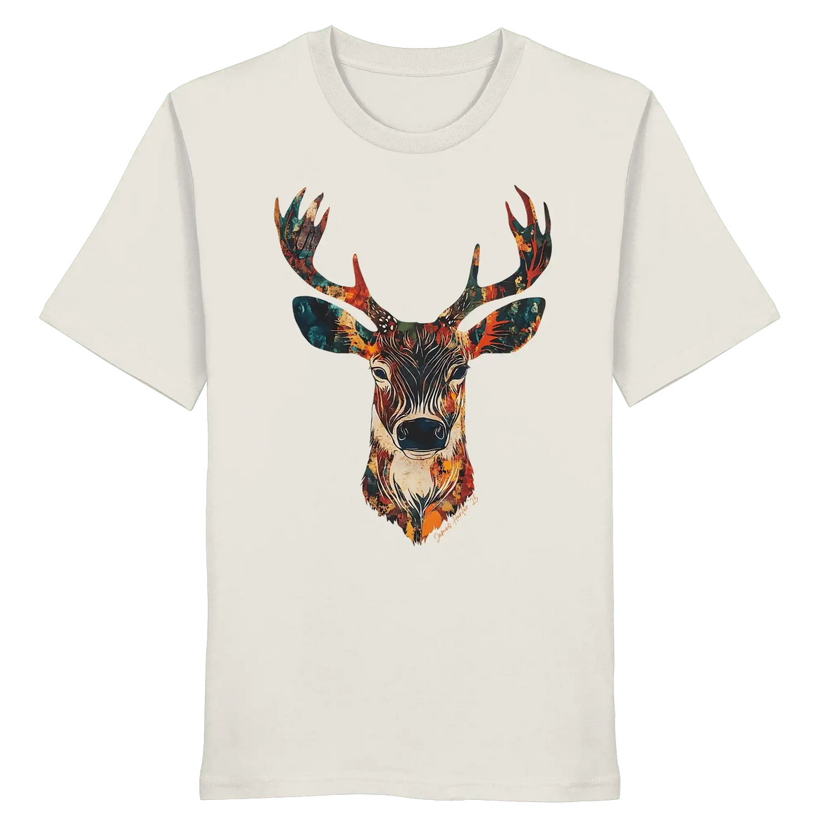 Eco-friendly organic T-shirt with colorful deer head graphic for nature lovers and hunters