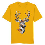 Front view of James Hunter's Paper Trail Art Collection Organic Unisex T-Shirt in spectra yellow, featuring a vibrant, artistic design.