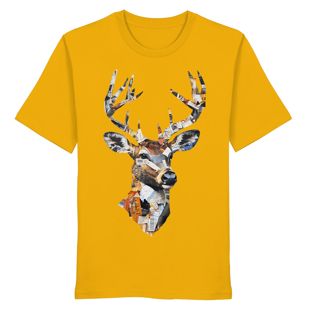 Front view of James Hunter's Paper Trail Art Collection Organic Unisex T-Shirt in spectra yellow, featuring a vibrant, artistic design.