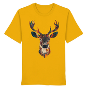 Mustard yellow T-shirt with colorful deer head graphic, eco-friendly outdoor apparel for nature lovers