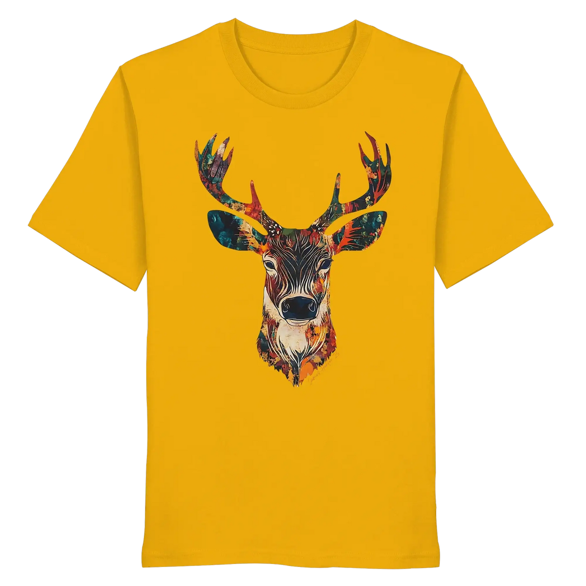 Mustard yellow T-shirt with colorful deer head graphic, eco-friendly outdoor apparel for nature lovers