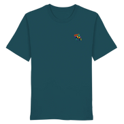 Dark teal organic T-shirt with colorful moose graphic, perfect for nature lovers and outdoor adventures.