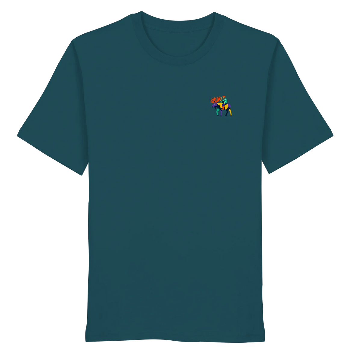 Dark teal organic T-shirt with colorful moose graphic, perfect for nature lovers and outdoor adventures.