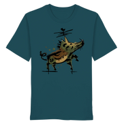 Teal organic T-shirt with artistic wild boar graphic, perfect for hunters and nature lovers