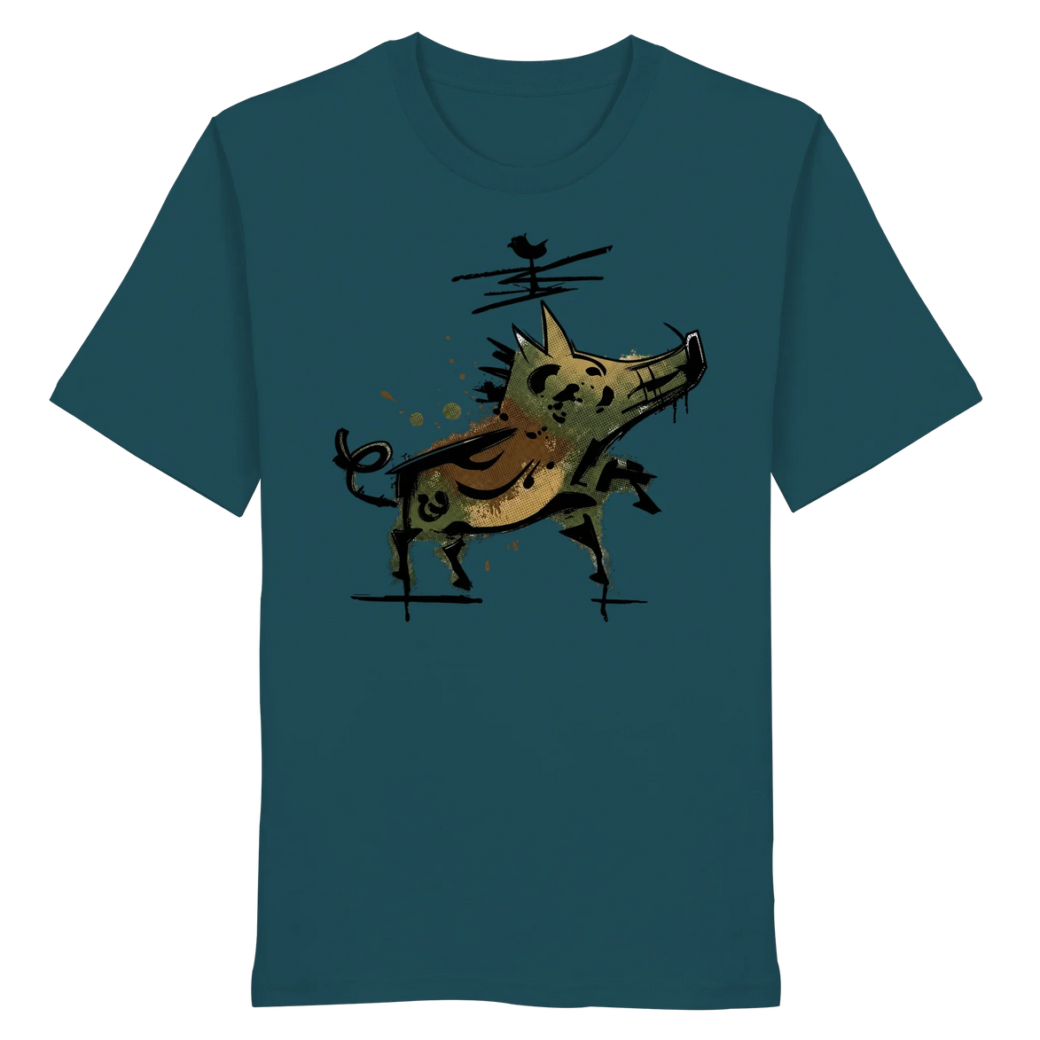 Teal organic T-shirt with artistic wild boar graphic, perfect for hunters and nature lovers