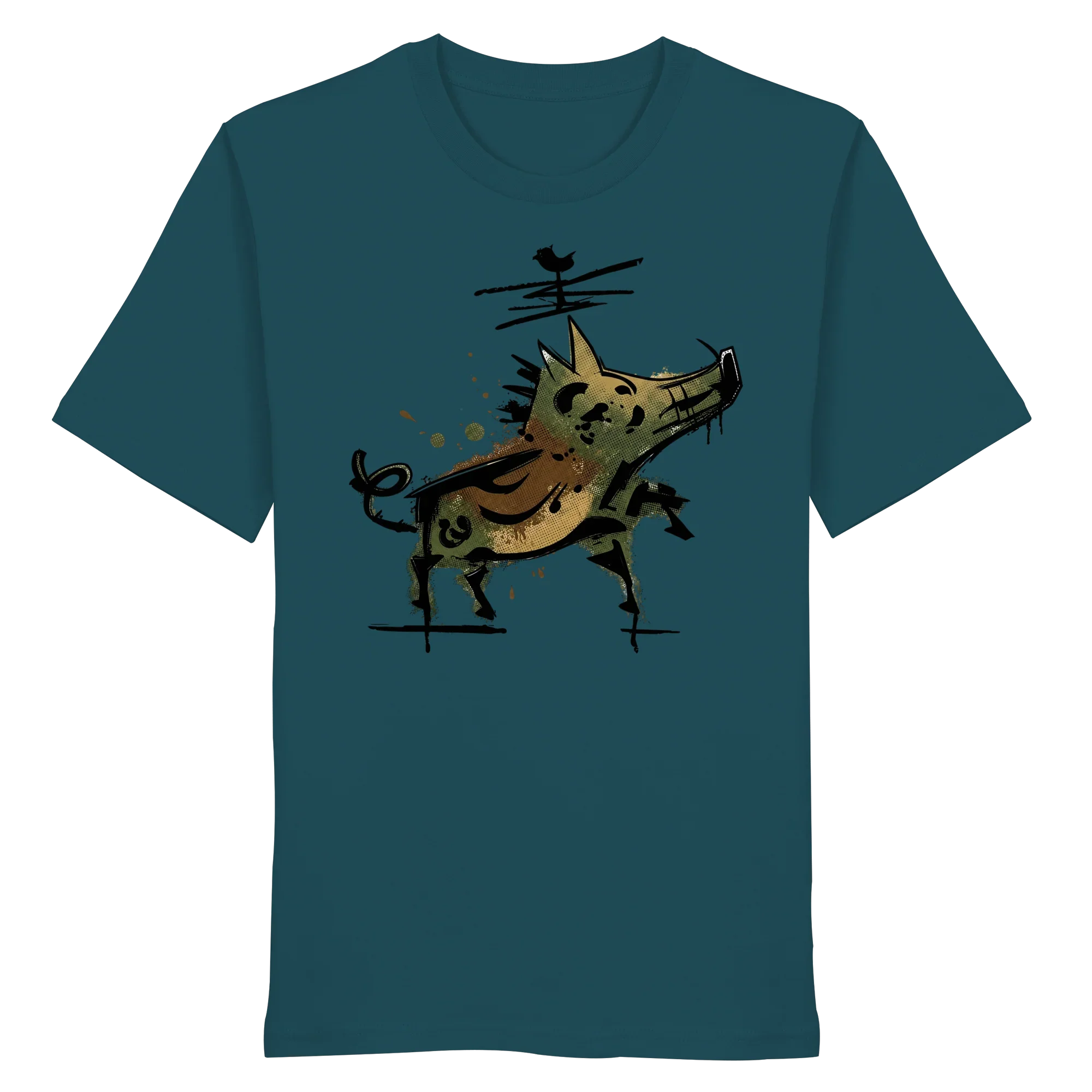 Teal organic T-shirt with artistic wild boar graphic, perfect for hunters and nature lovers