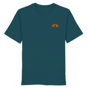 Dark teal organic T-shirt with orange wild boar graphic, ideal for hunters and nature lovers.