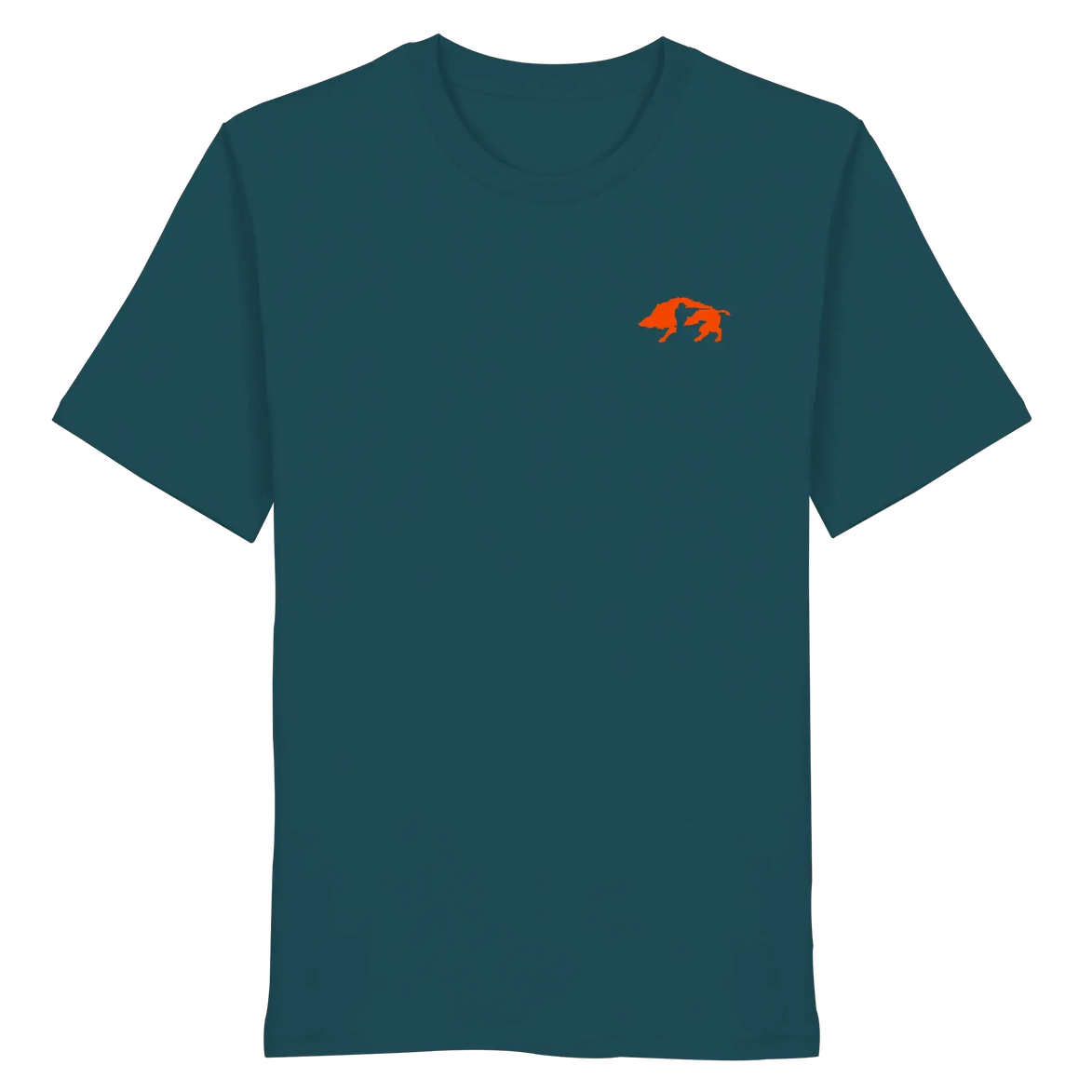 Dark teal organic T-shirt with orange wild boar graphic, ideal for hunters and nature lovers.