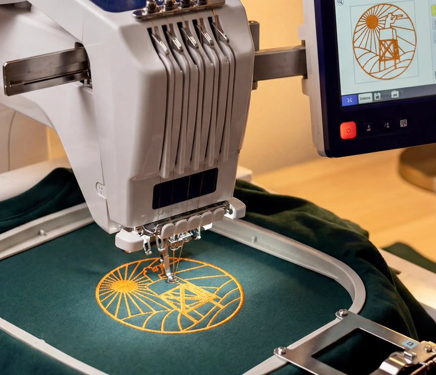 Embroidery machine in action with a design on a piece of fabric.