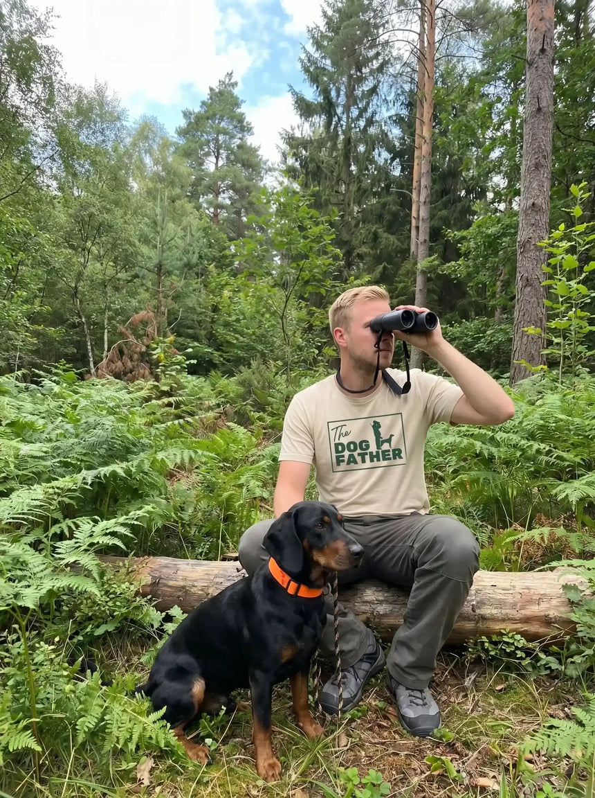 Man in forest with dog, using binoculars, wearing 'The Dog Father' tee, eco-friendly outdoor apparel