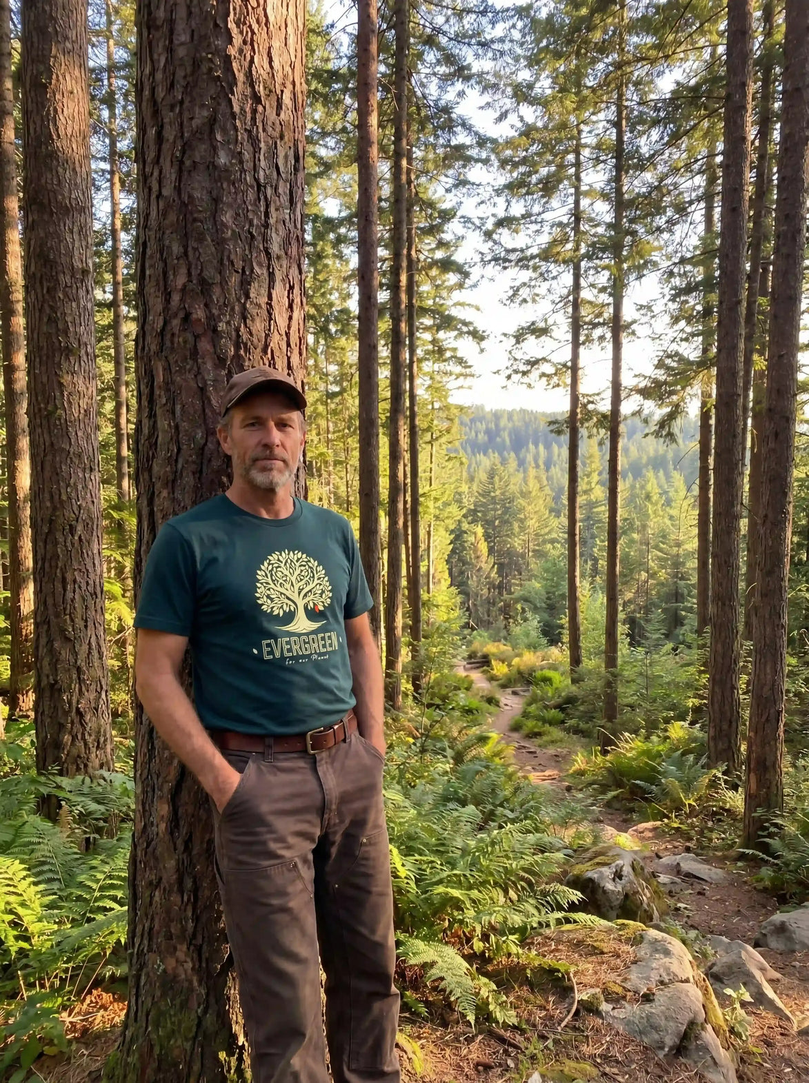 Man in forest wearing eco-friendly Evergreen T-shirt, nature apparel for outdoor adventures and sustainability.