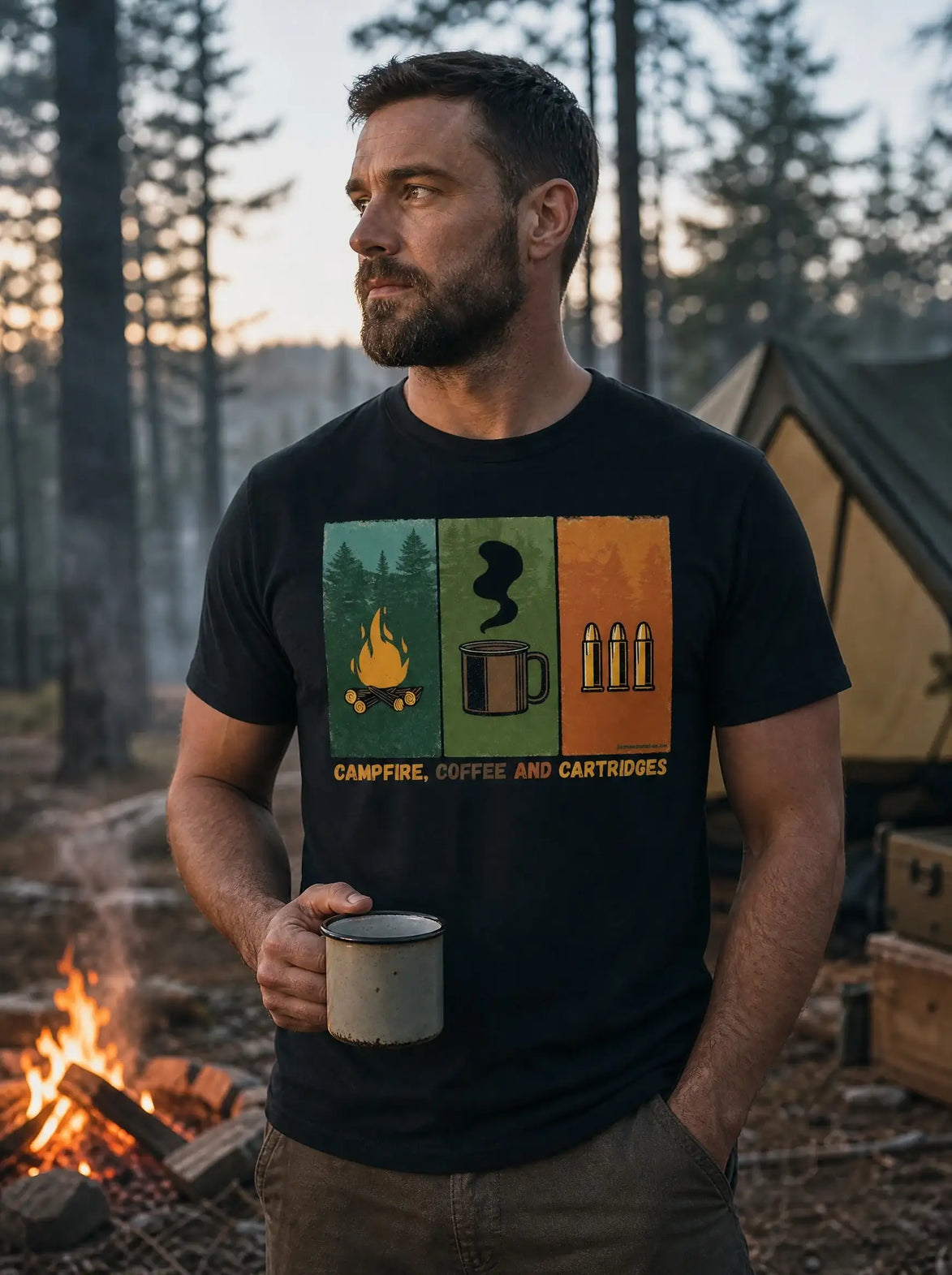 Kaffee, Lagerfeuer und Patronen – Bio-Shirt