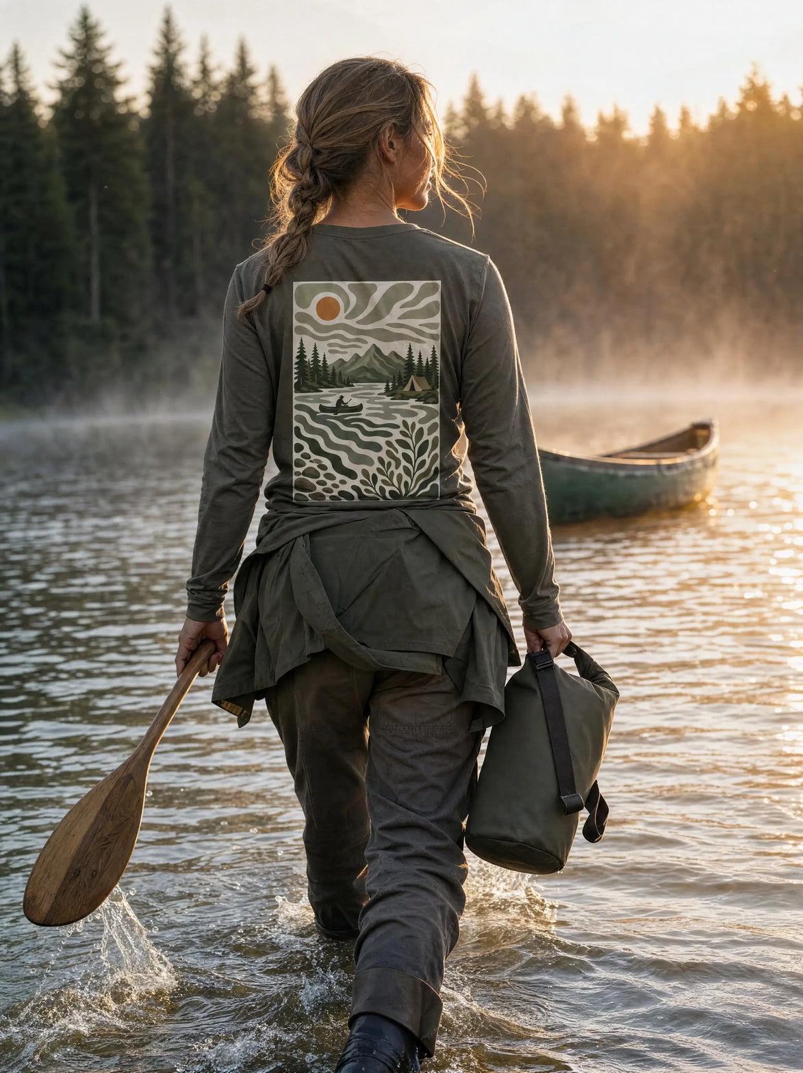 Kanufahren Camping-Bekleidung – Ruhiger Morgen auf dem See – Bio Langarmshirt