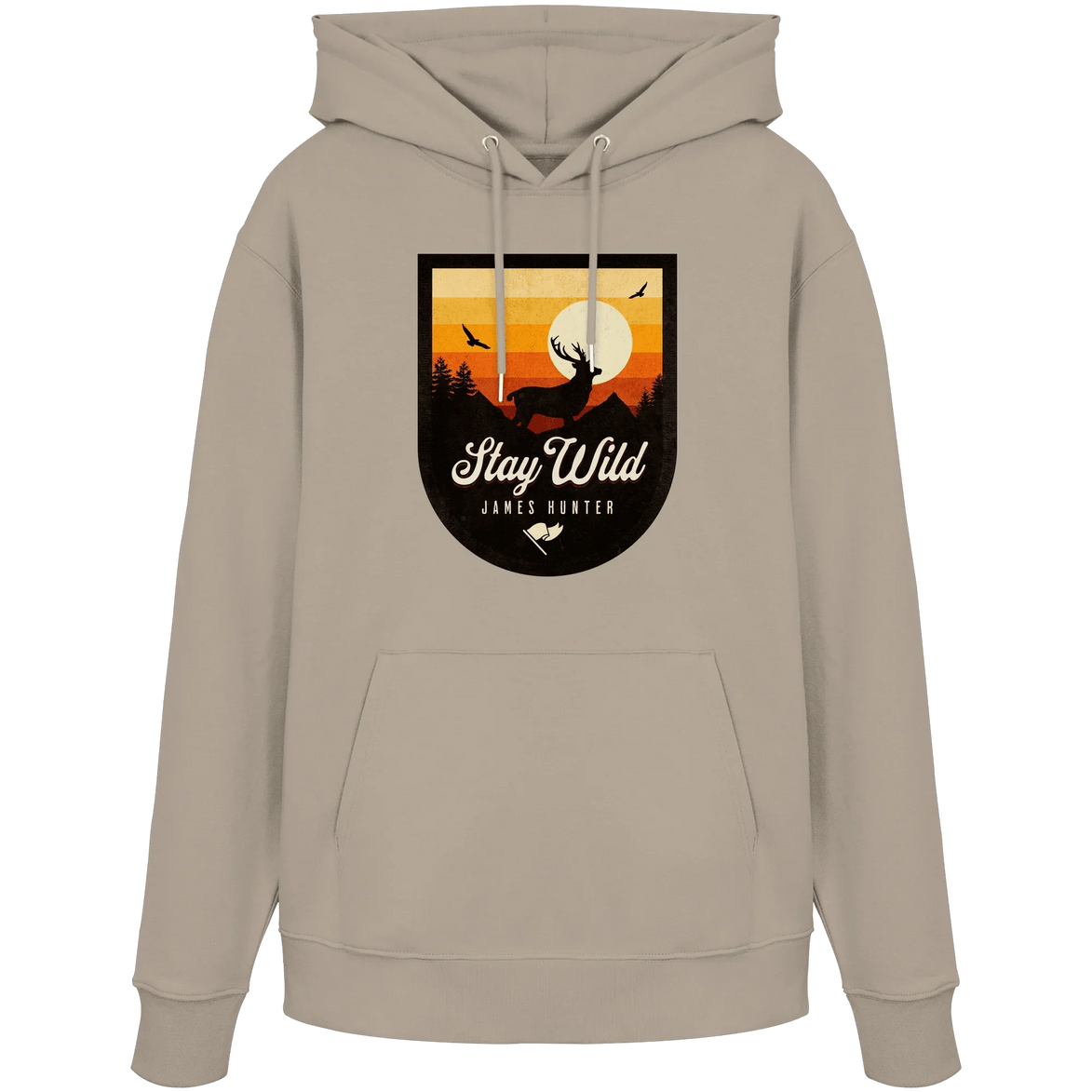 James Hunter - Nature and Beyond Hoodies Desert Dust / XS Stay Wild – Sunset Deer Badge - Organic Hoodie
