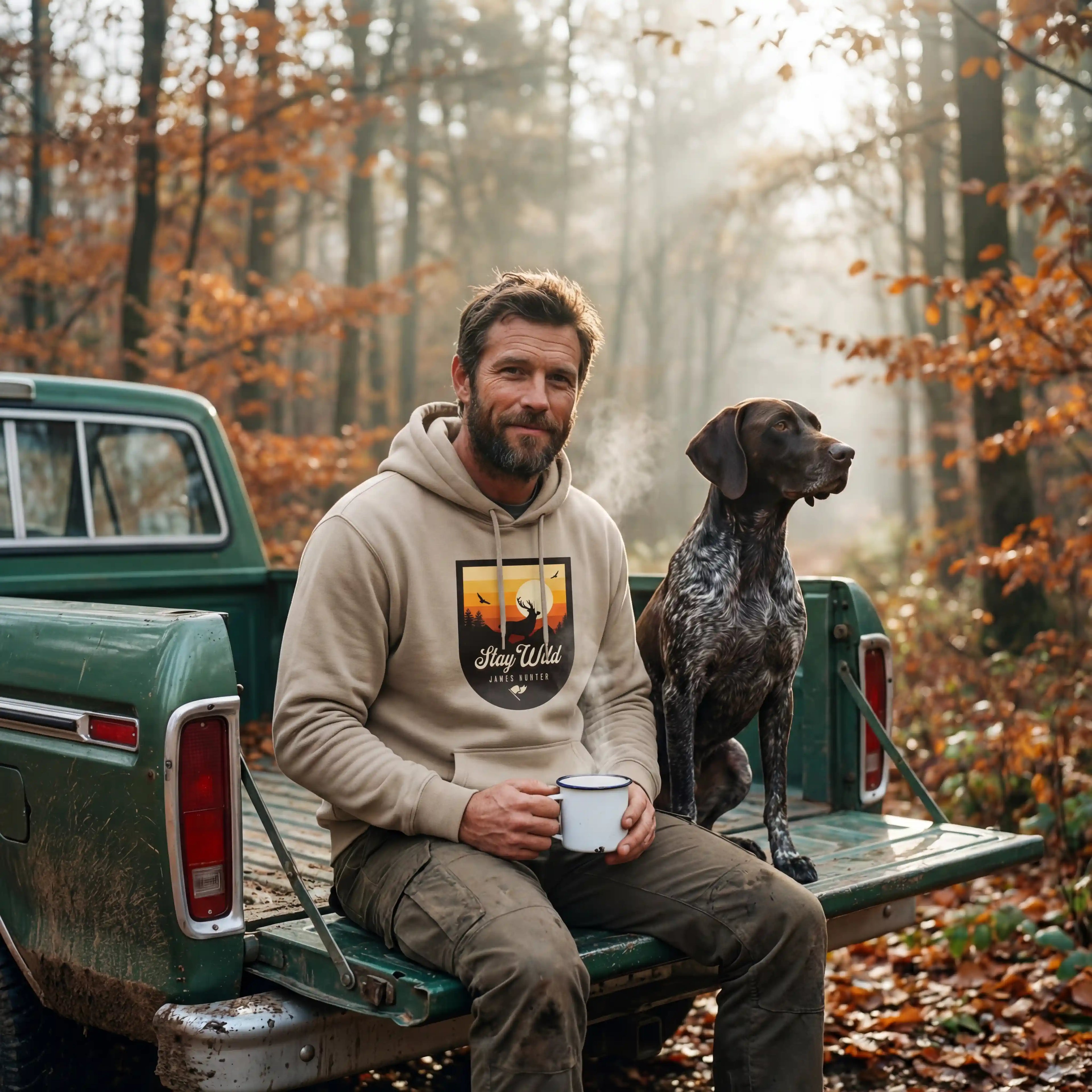 James Hunter - Nature and Beyond Hoodies Stay Wild – Sunset Deer Badge - Organic Hoodie