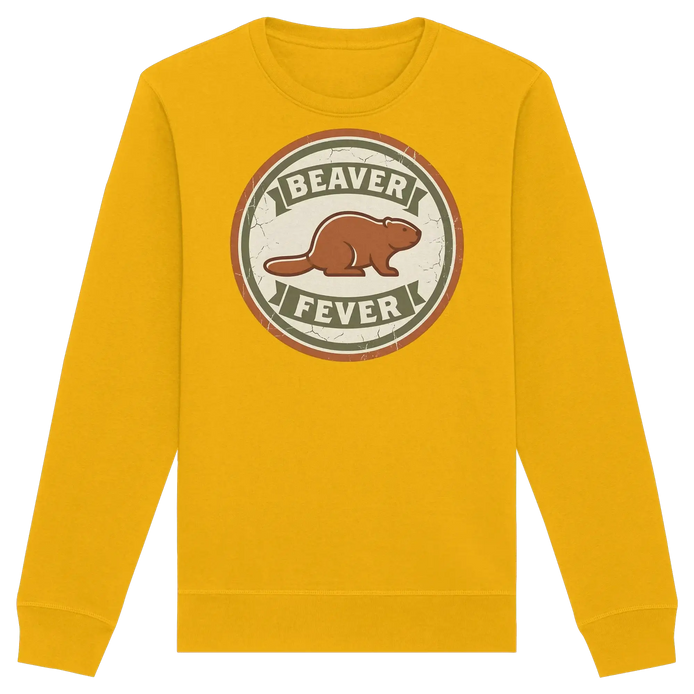 Yellow sweatshirt with vintage 'Beaver Fever' graphic, eco-friendly outdoor apparel for nature lovers