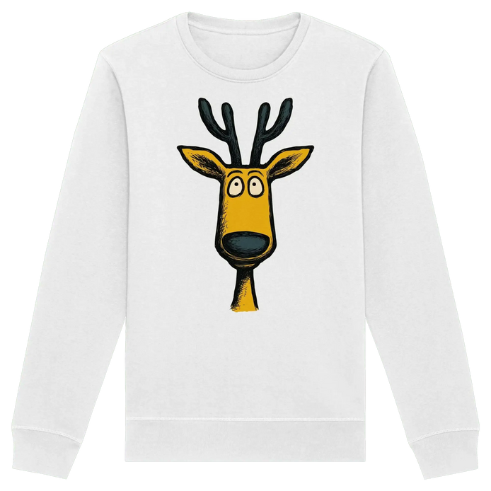 White sweatshirt with cartoon deer face, perfect for nature lovers and outdoor adventures