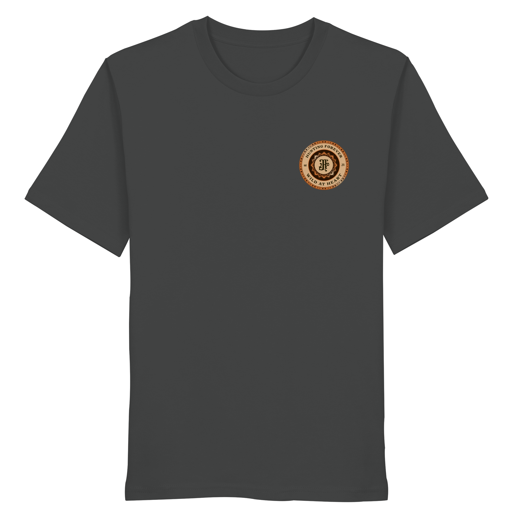 James Hunter - Nature and Beyond Unisex-Shirts Anthracite / XS Hunting Forever Badge Orange / Brown - Organic Shirt