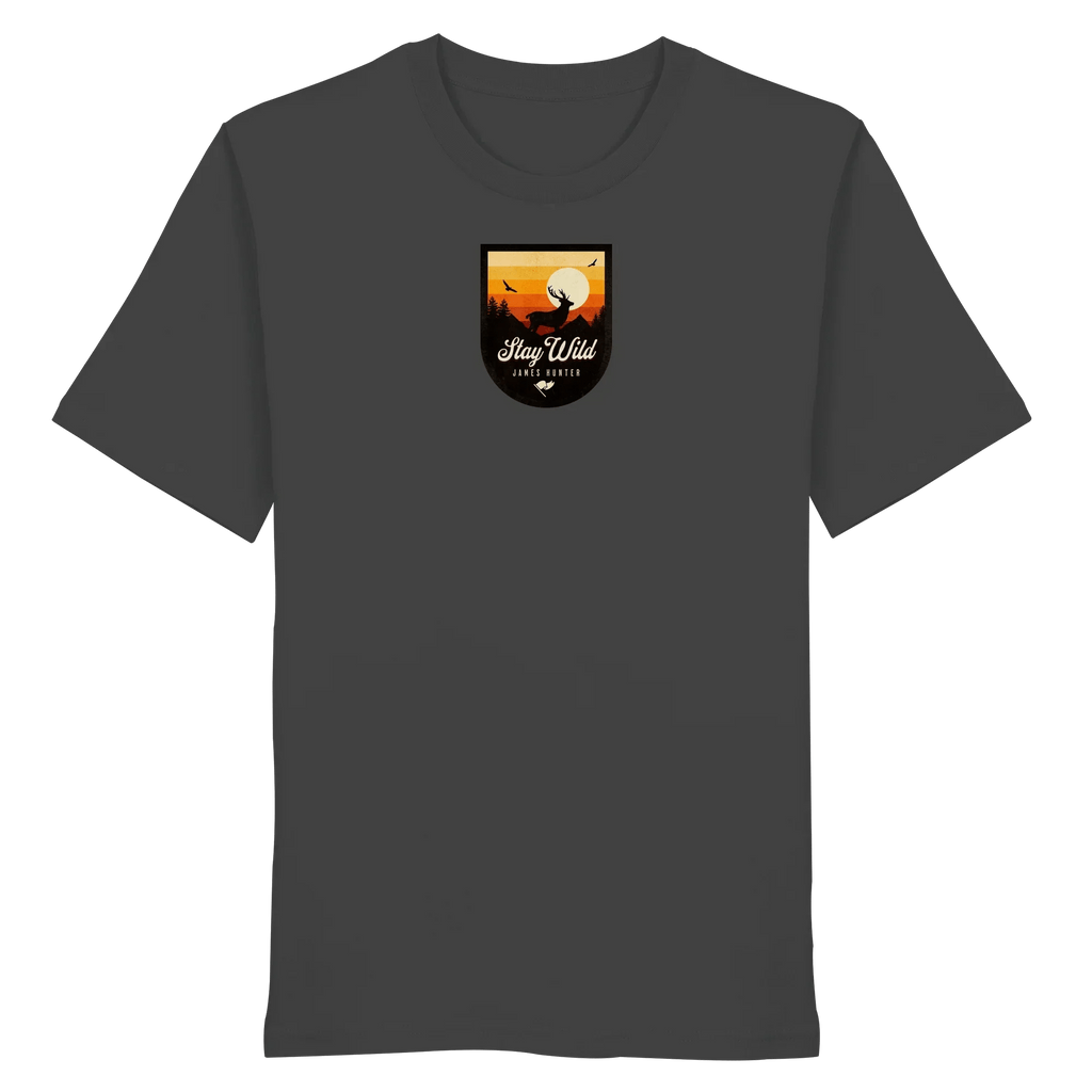 James Hunter - Nature and Beyond Unisex-Shirts Anthracite / XS Stay Wild – Sunset Deer Badge - Organic Shirt