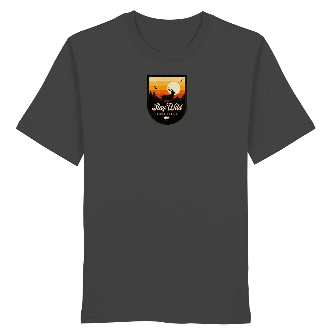 James Hunter - Nature and Beyond Unisex-Shirts Anthracite / XS Stay Wild – Sunset Deer Badge - Organic Shirt