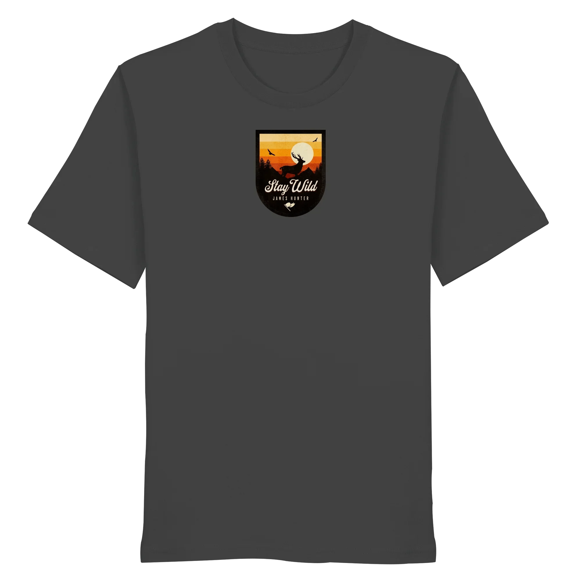 James Hunter - Nature and Beyond Unisex-Shirts Anthracite / XS Stay Wild – Sunset Deer Badge - Organic Shirt