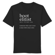 Black T-shirt with 'boot elitist' definition print for hunters and outdoor enthusiasts